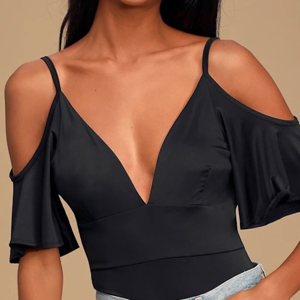 LuLus Black Flutter Sleeve Bodysuit
